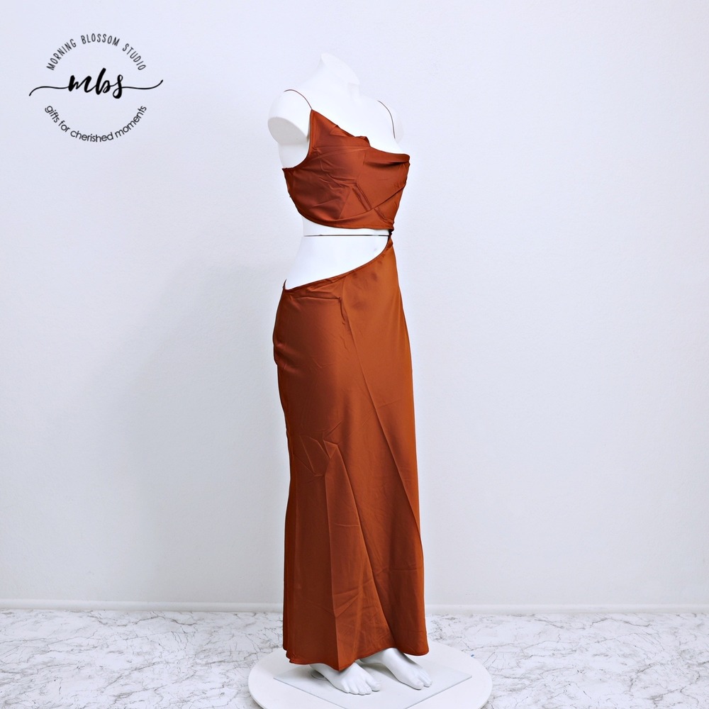 NWOT Beige Botang Cutout Sexy Sleek Satin Silk Midi Dress Rust Brown Women L